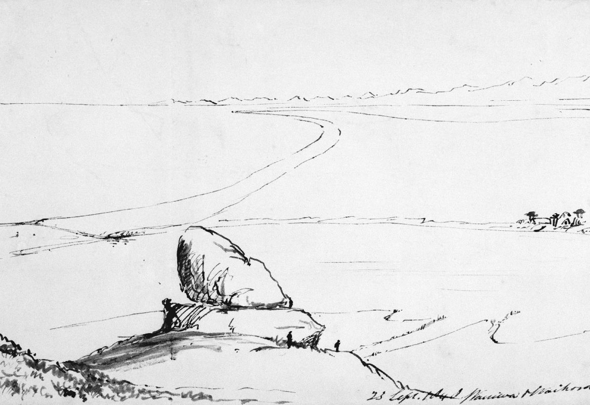 <p>This sketch by Walter Mantell dated 23 September 1848 depicts the view down the ninety mile beach from Oruaka overlooking the outlet of lake Wairewa to the sea. The cluster of buildings to the right are the whata and whare of Te Mata Hapuka Pā. Te Waihora lies in the distance. <em>E-281-q-021. Alexander Turnbull Library</em></p>