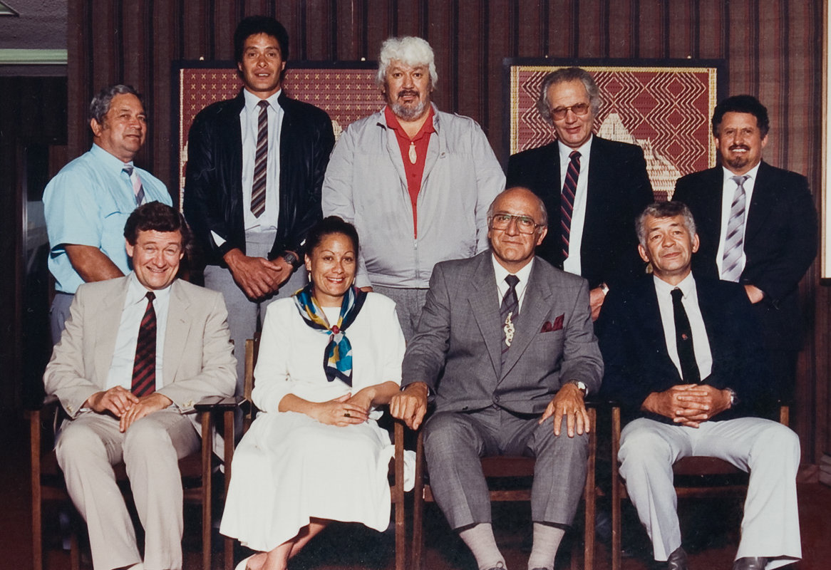 <p>The Ngaitahu Maori Trust Board that lodged the Ngāi Tahu Claim to the Waitangi Tribunal in 1986. Back row (left to right); Monty Daniels, David Higgins, Bill Solomon, Kuao Langsbury, James Mason Russell. Front row (left to right); Sid Ashton (Secretary), Maria Tini, Tipene O'Regan (Chairman), Rakiihia Tau. <em>Ngaitahu Maori Trust Board Collection, Ngāi Tahu Archive, 2017-0176</em></p>