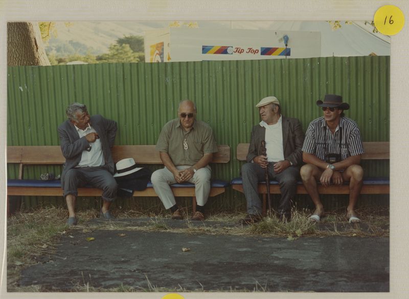 <p>David Higgins (sitting on far right ) at Waikawa Marae in Picton, during the visit of Queen Elizabeth II, 1990. From left to right: Rakiihia Tau, Tipene O'Regan, Henare Robinson and David Higgins. <em>Ngaitahu Maori Trust Board Collection, Ngāi Tahu Archive, 2016-305</em></p>
